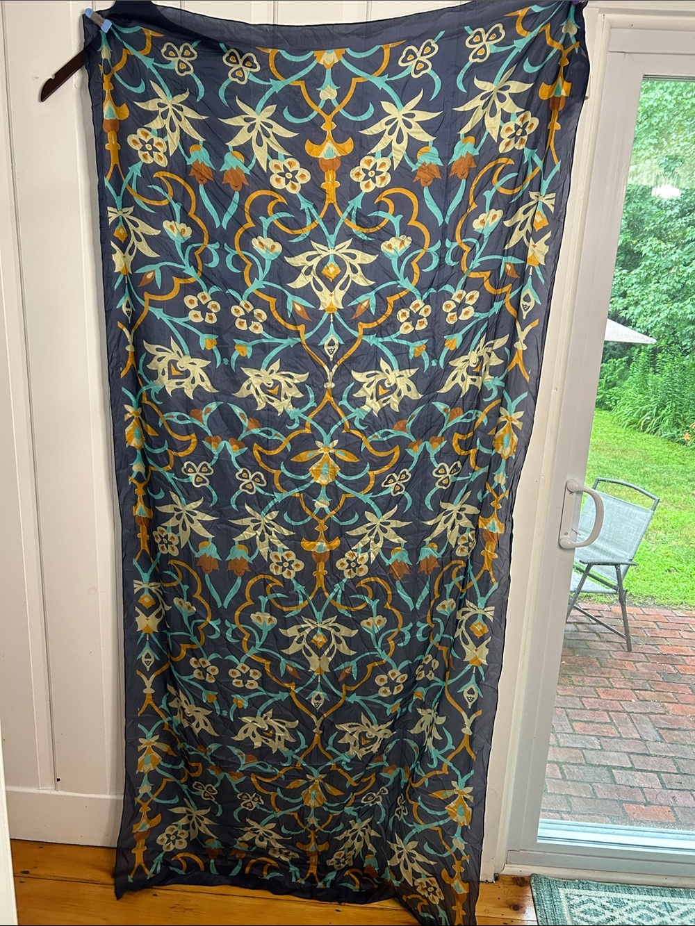Xinmurrfy Navy Floral Silk Scarf with Teal & Mustard Accents 84” X 40”